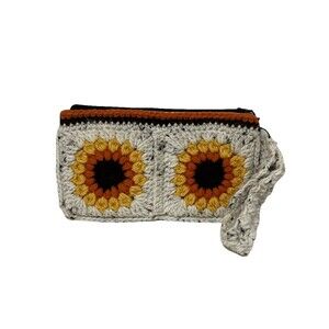 Beautiful Handmade Sunflower Crochet Granny Square Wristlet Clutch 9”x5”